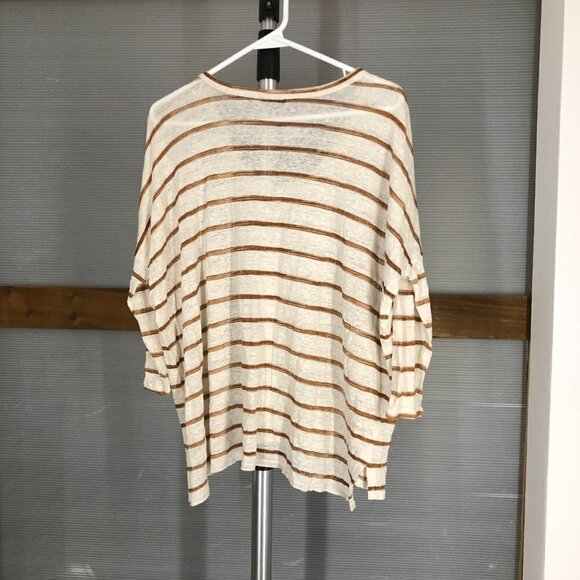 CLUB MONACO 100% Linen‎ Cream Brown Stripe 3/4 Sleeve Oversize Shirt Sz M/L - Picture 9 of 13